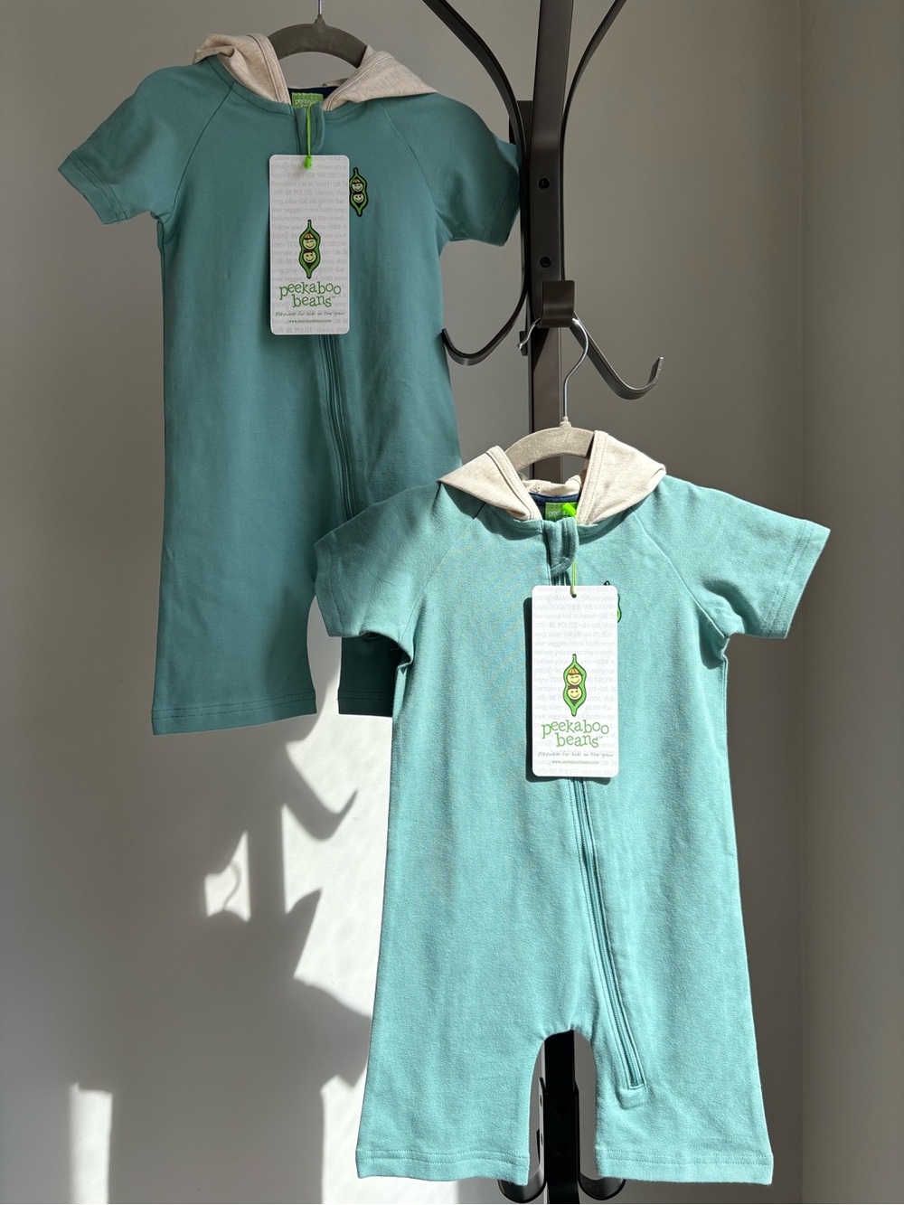 Peekaboo Beans Shortsie Romper Bundle 12–18M Teal Hooded Zip Playsuits NWT Twins